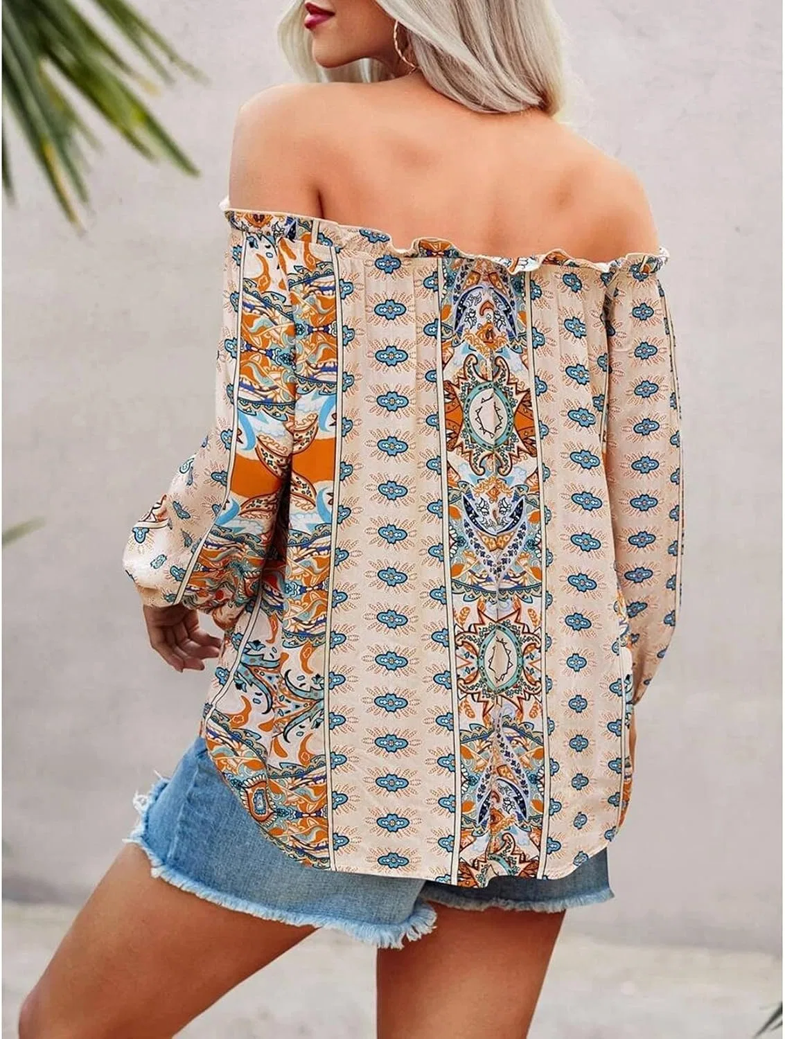Блуза с цветочным принтом, off shoulder, длинный рукав, бежевый — фото 3