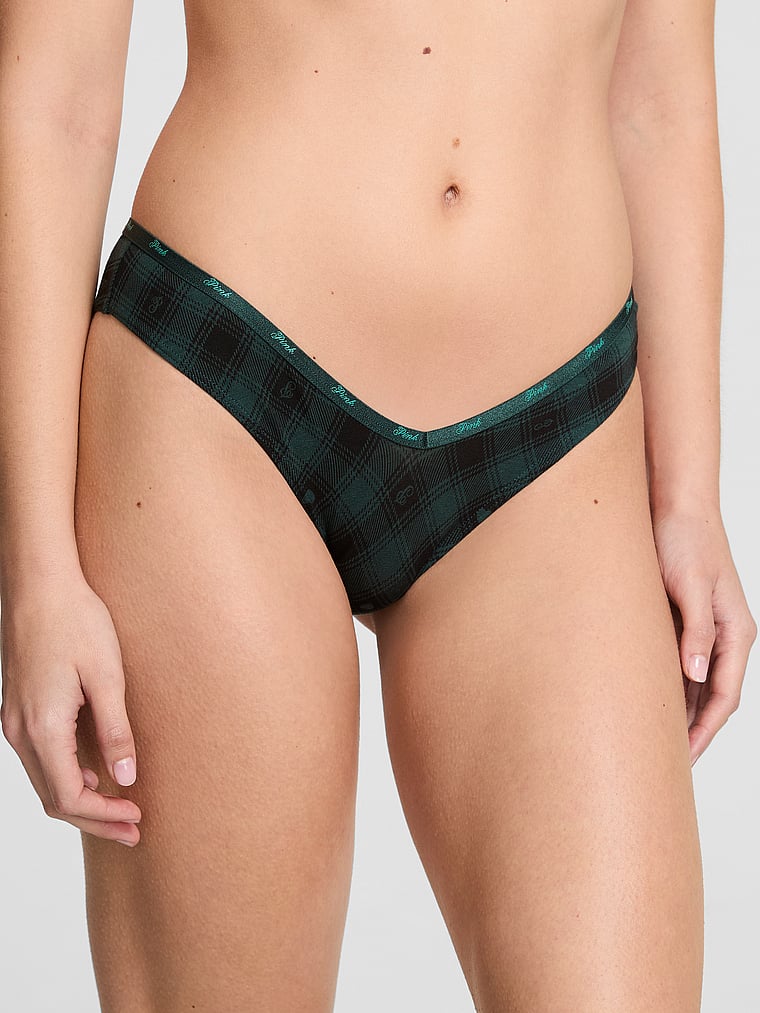 

Трусики-Танга из хлопка с логотипом Pink, smooth deep forest plaid print