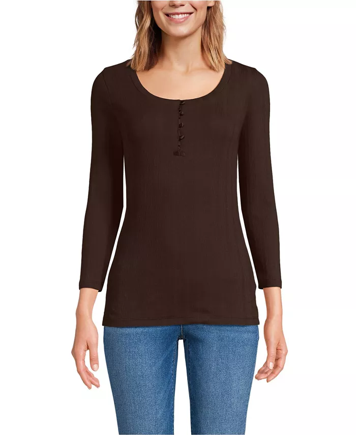 

Женская футболка Henley с разноцветной мелкой резинкой и рукавом 3/4 Lands' End, коричневый