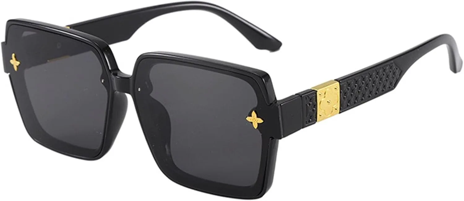 

Квадратные солнцезащитные очки ретро, толстая оправа, металлические цветочные акценты. UV400, прямоугольные линзы 145 мм. Bsreyeop, черная оправа/серые линзы