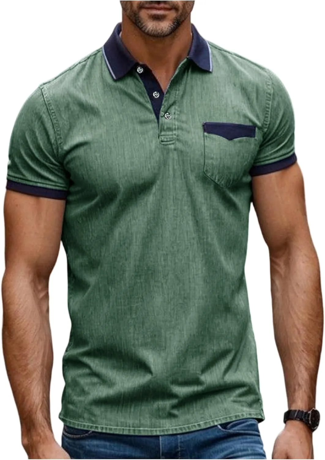 

Мужская поло с коротким рукавом, воротником и карманом RODYETQQ