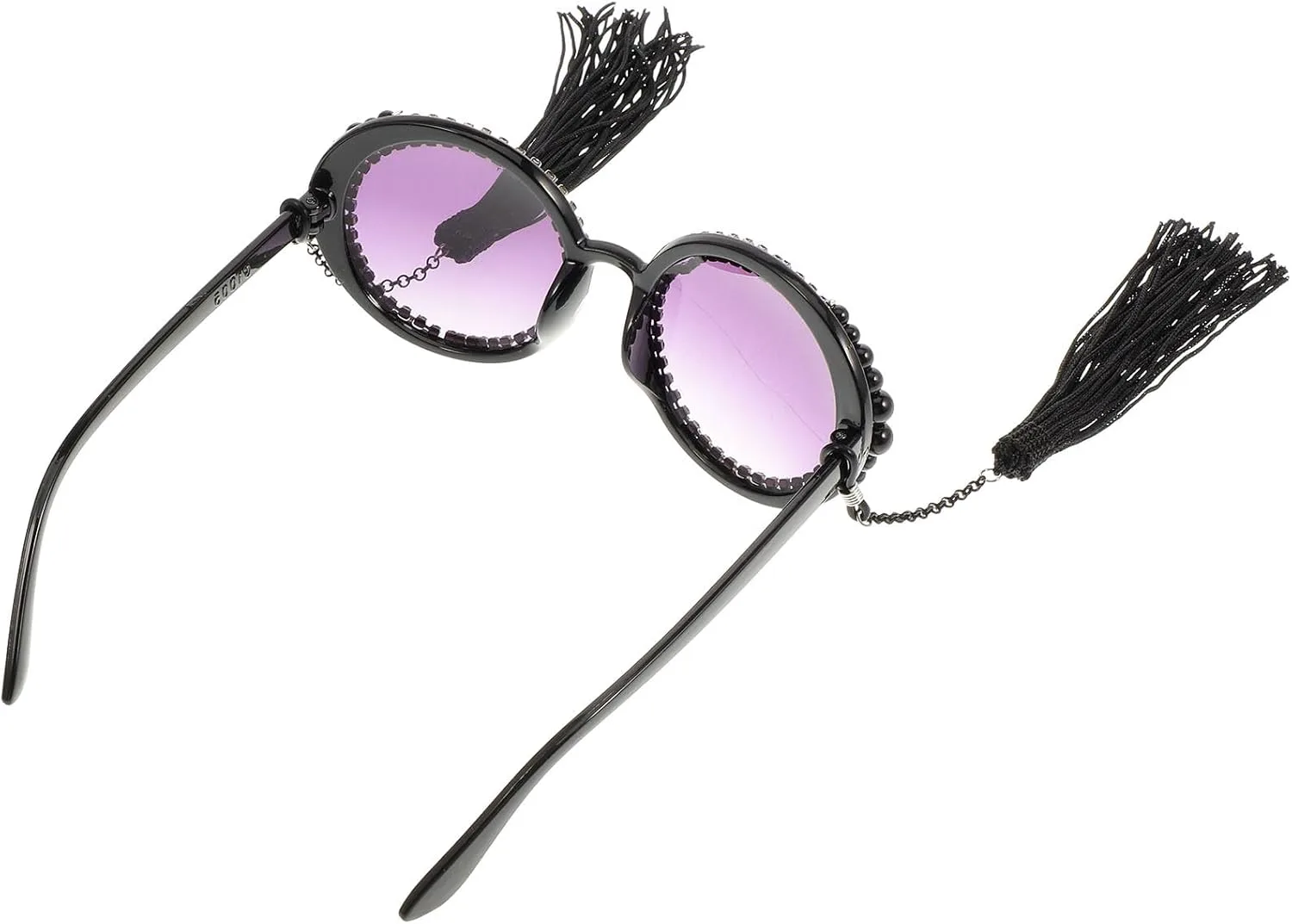 

Винтажные круглые солнцезащитные очки Ciieeo для женщин в черной оправе с кисточкой, жемчужными и стразовыми украшениями, в стиле ретро для вечеринок, Black