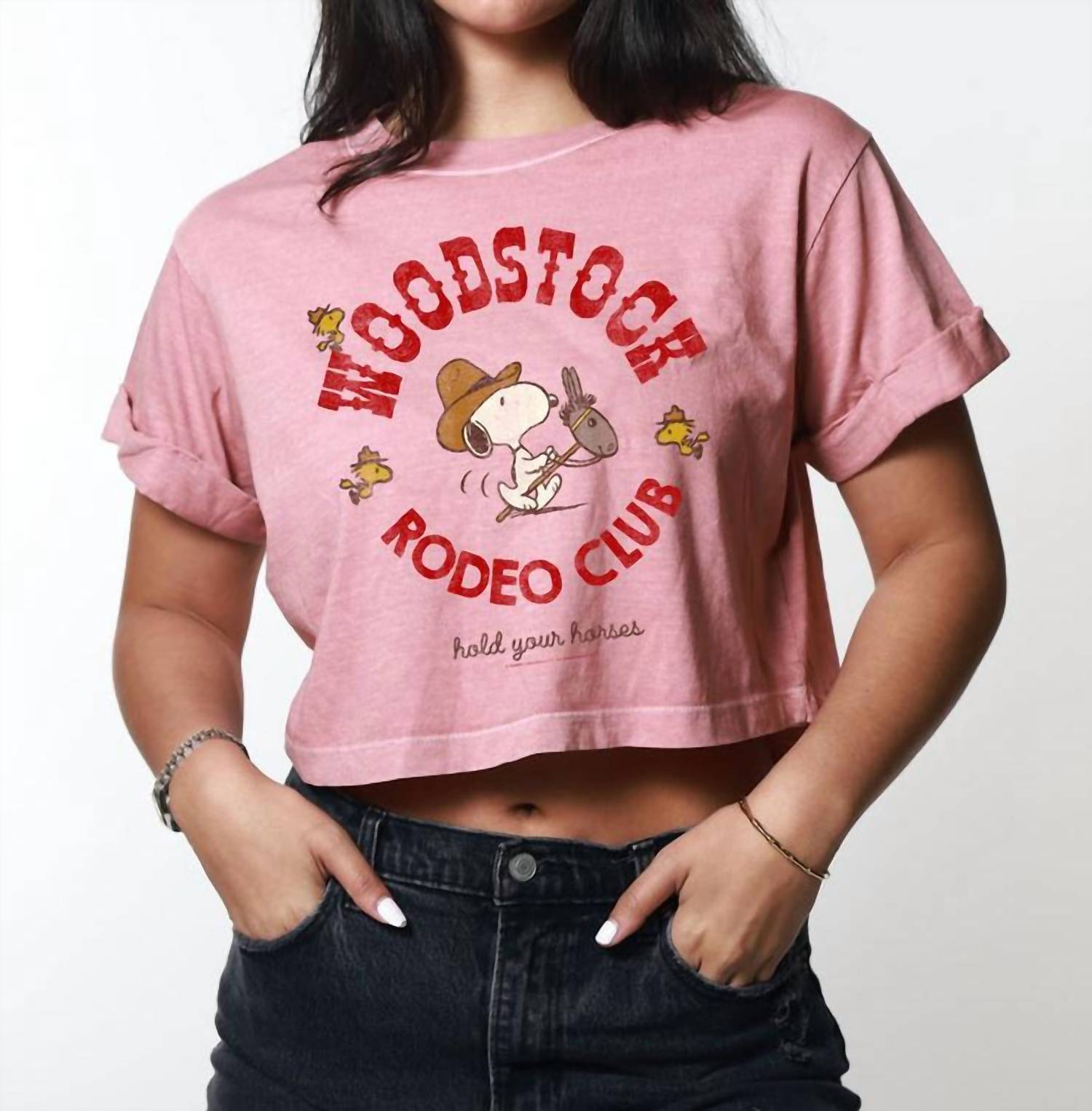 

Розовая укороченная футболка Woodstock Rodeo Club с принтом GIRL DANGEROUS