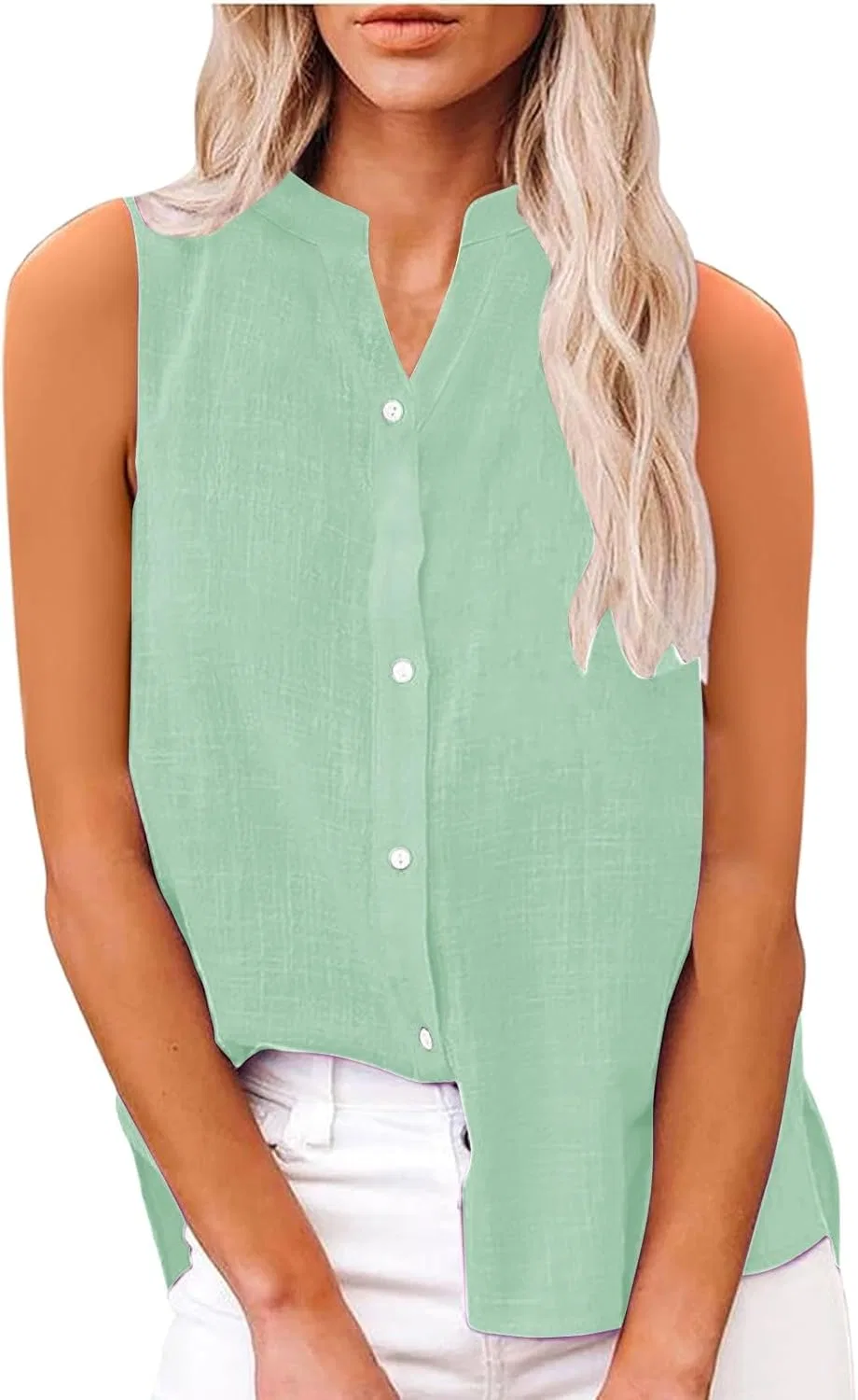 Женский топ-безрукавка из хлопка и льна, Mint Green, S-5XL — фото 2