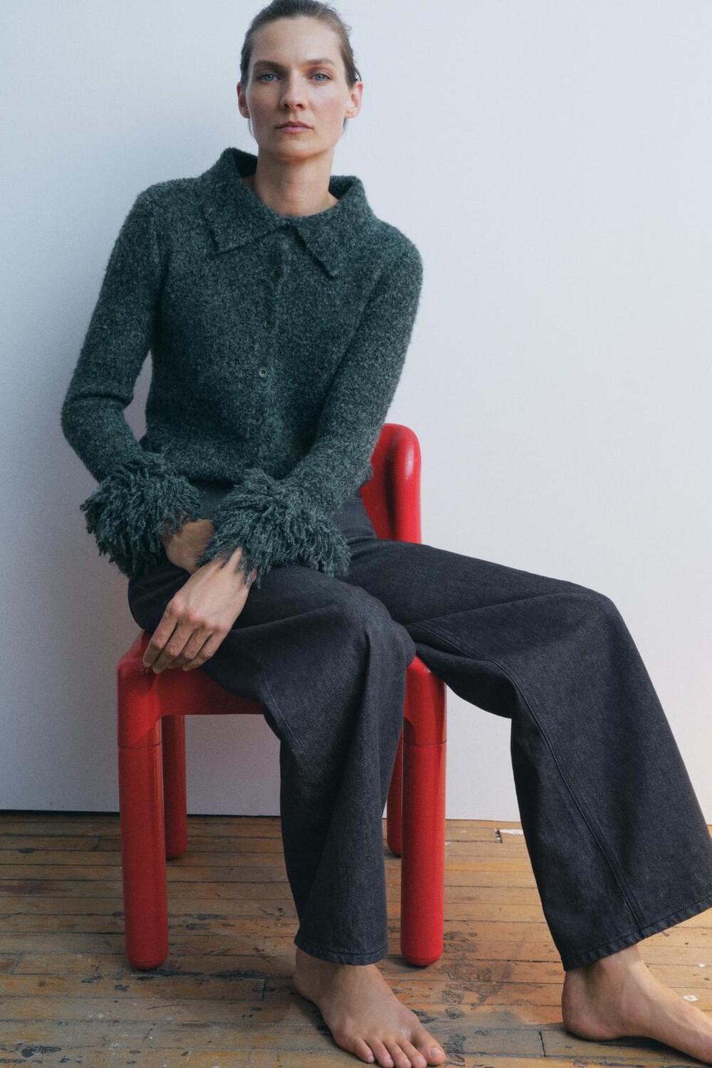 

Вязаная куртка с бахромой на рукавах ZARA, зеленый