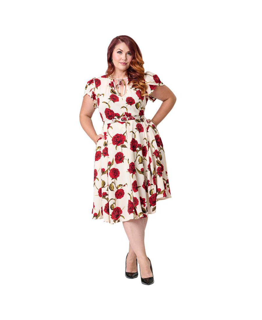 

Платье-трапеция большого размера с короткими рукавами-лепестками и завязками на шее в стиле Георгина Unique Vintage, White