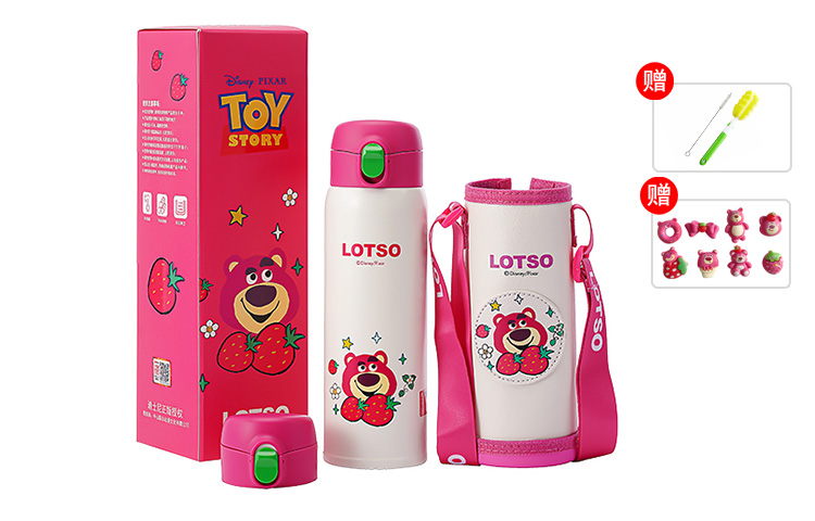 Детский термос Strawberry Bear Disney «2-в-1», 500 мл, Lotso, ершик для чашки + ершик для трубочки + 3D-стикеры