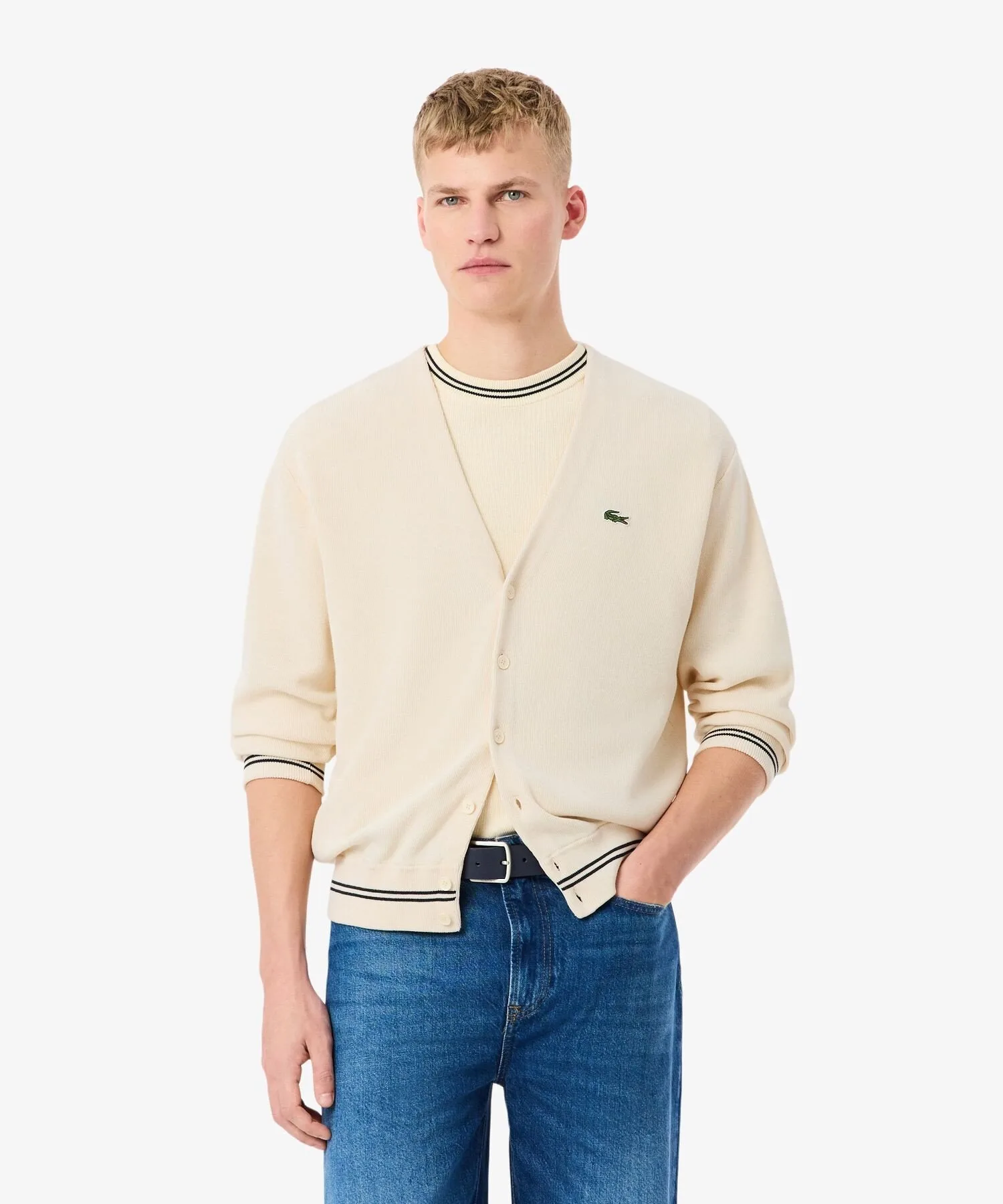 Кардиган из хлопка, связанный резинкой LACOSTE, Ivory