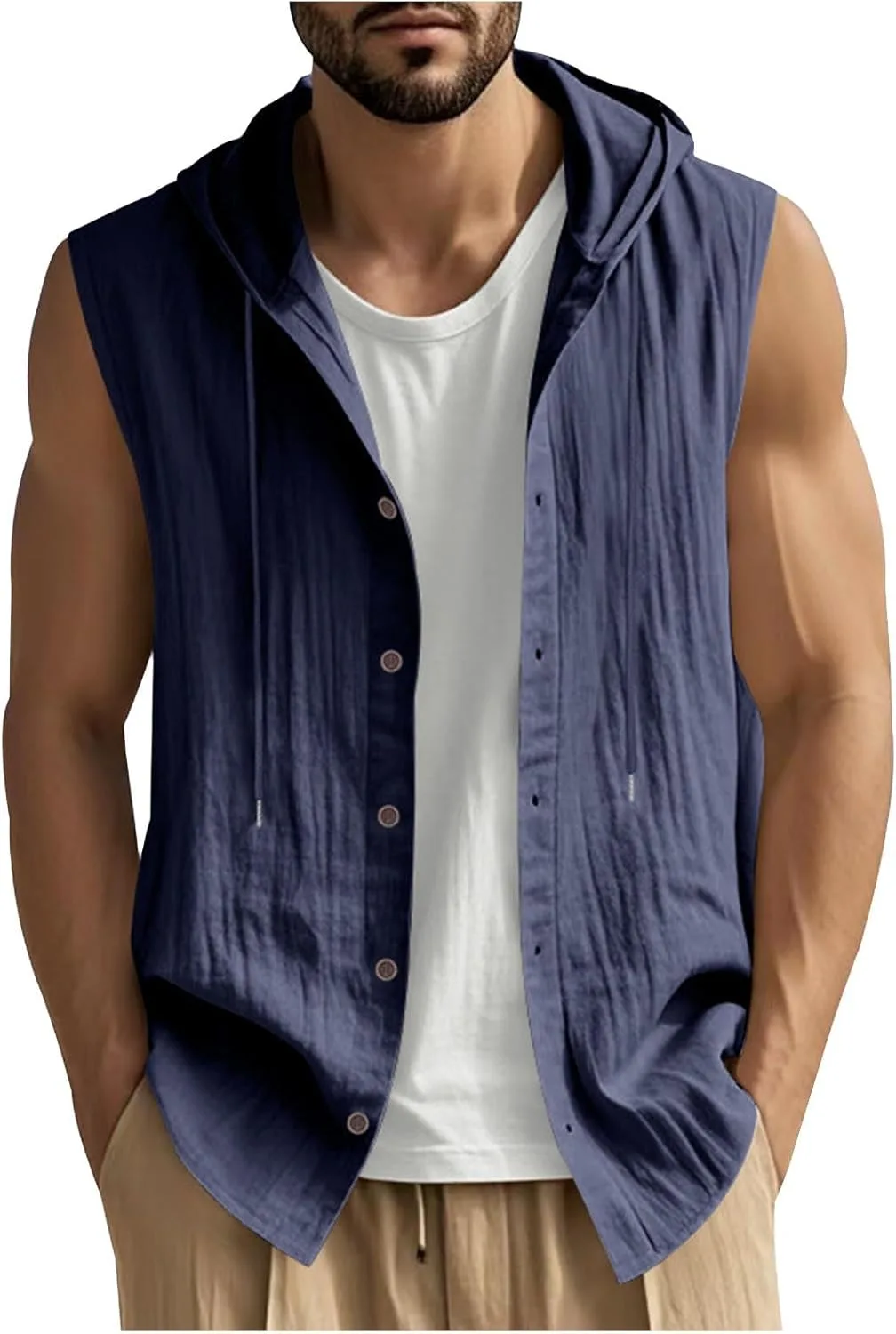 

Кардиган с капюшоном для мужчин, безрукавный, лен