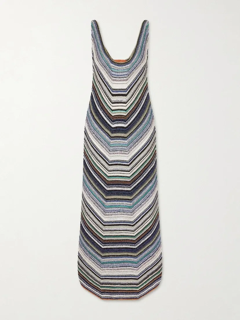 Полосатое металлическое трикотажное миди-платье крючком Missoni, синий