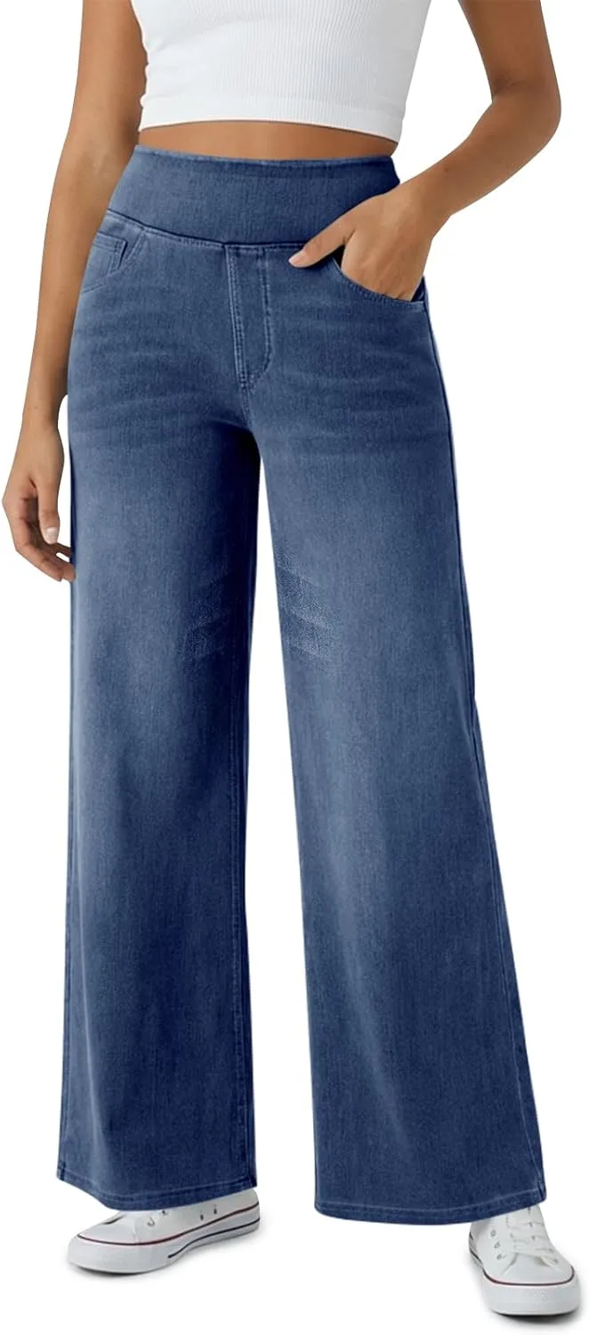 

Fisoew женские джинсы baggy wide leg high waisted pull on straight leg stretchy boyfriend