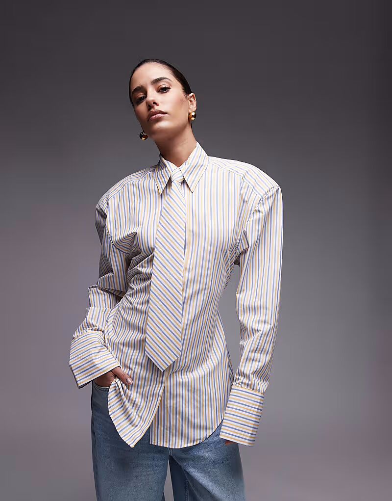 

Рубашка ASOS DESIGN с поясом, подплечниками и завязкой в ​​желтую полоску