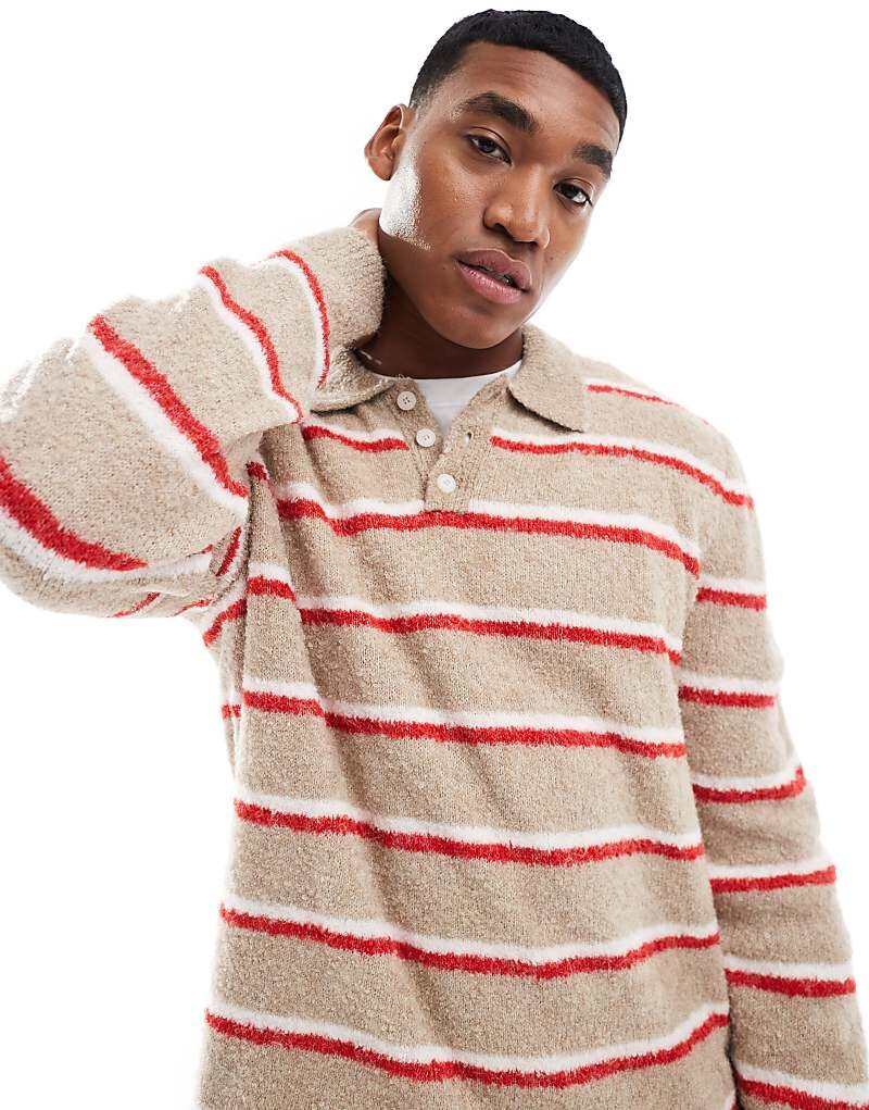 

Серо-бежевый свободный свитер в свободную полоску с кубинским воротником ASOS DESIGN