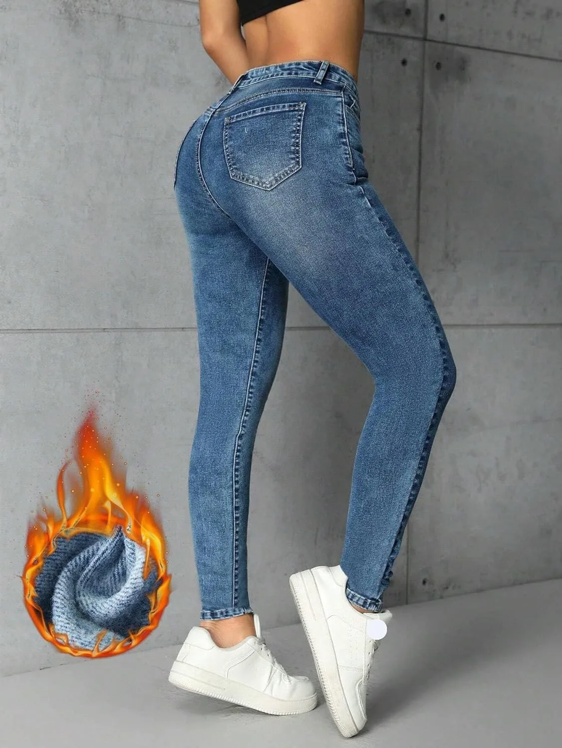 Женские джинсы Casual Slimming Fit с подкладкой и карманами, деним, осень-зима, мода 2025 Generic, Medium Wash — фото 4