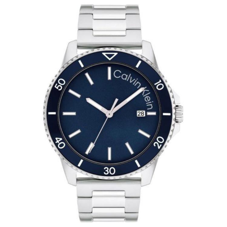 

Часы CALVIN KLEIN с кварцевым механизмом на стальном браслете 44 мм синий циферблат мужские