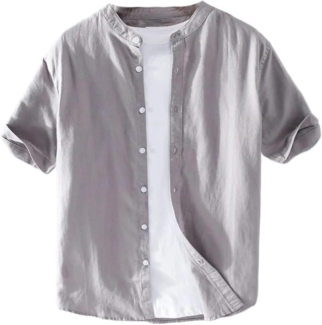 

Летняя рубашка из хлопка и льна с коротким рукавом для мужчин, китайский стиль, стойка, однотонная, повседневная MQMYJSP