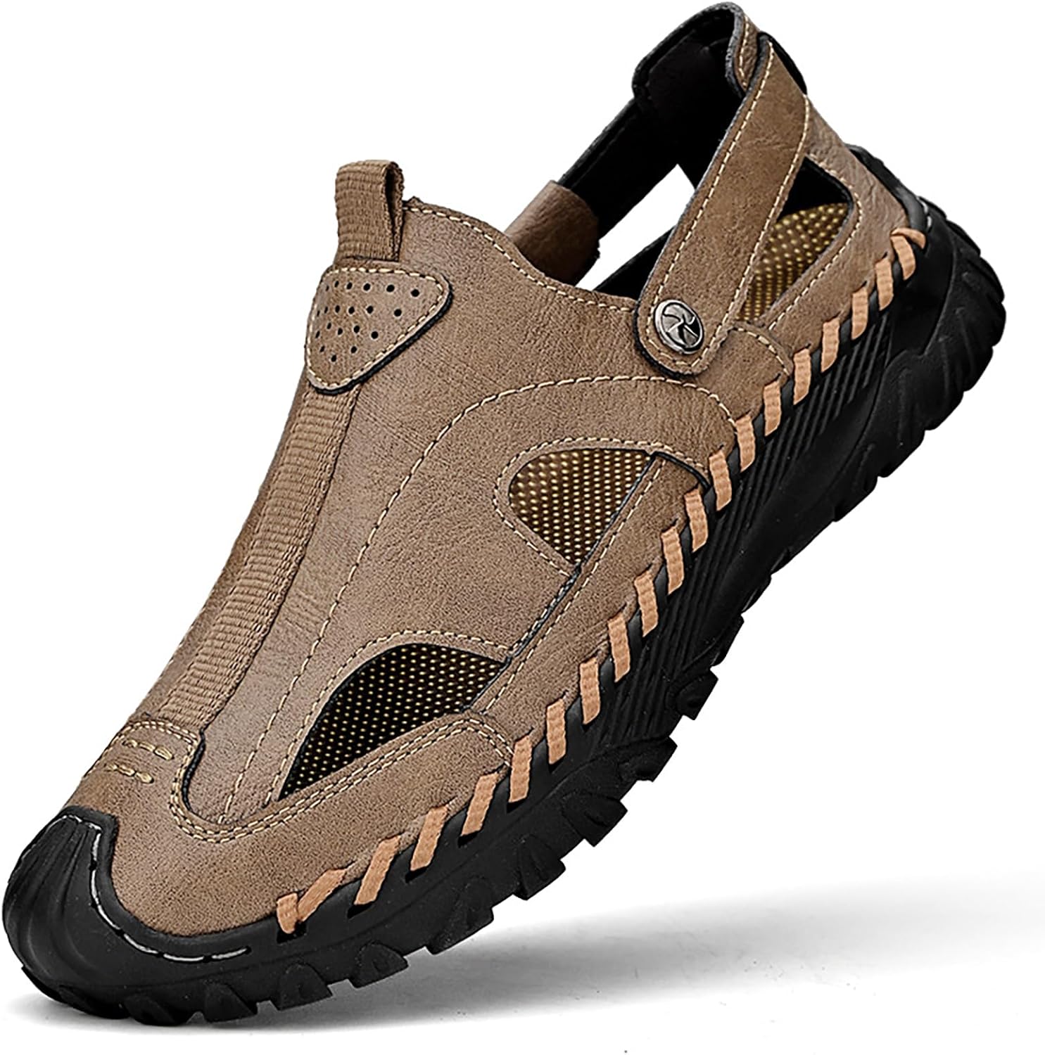 

Мужские спортивные сандалии ручной работы из натуральной кожи, легкие, с закрытым круглым носком, противоскользящие, без шнуровки, летние повседневные дышащие пляжные туфли-рыболов Faglkak, коричневый