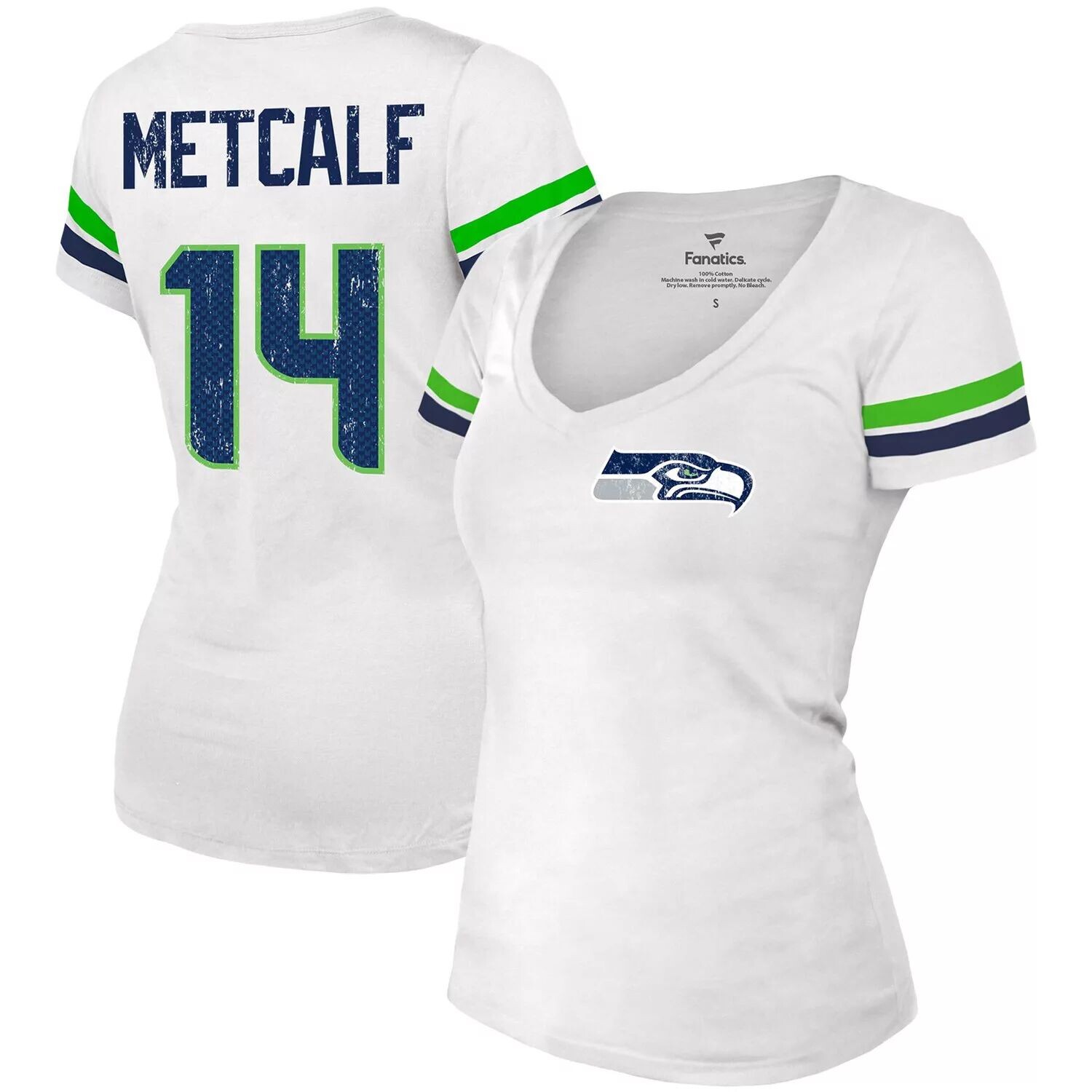 

Женская модная футболка Fanatics с логотипом DK Metcalf White Seattle Seahawks, имя и номер игрока с v-образным вырезом Majestic