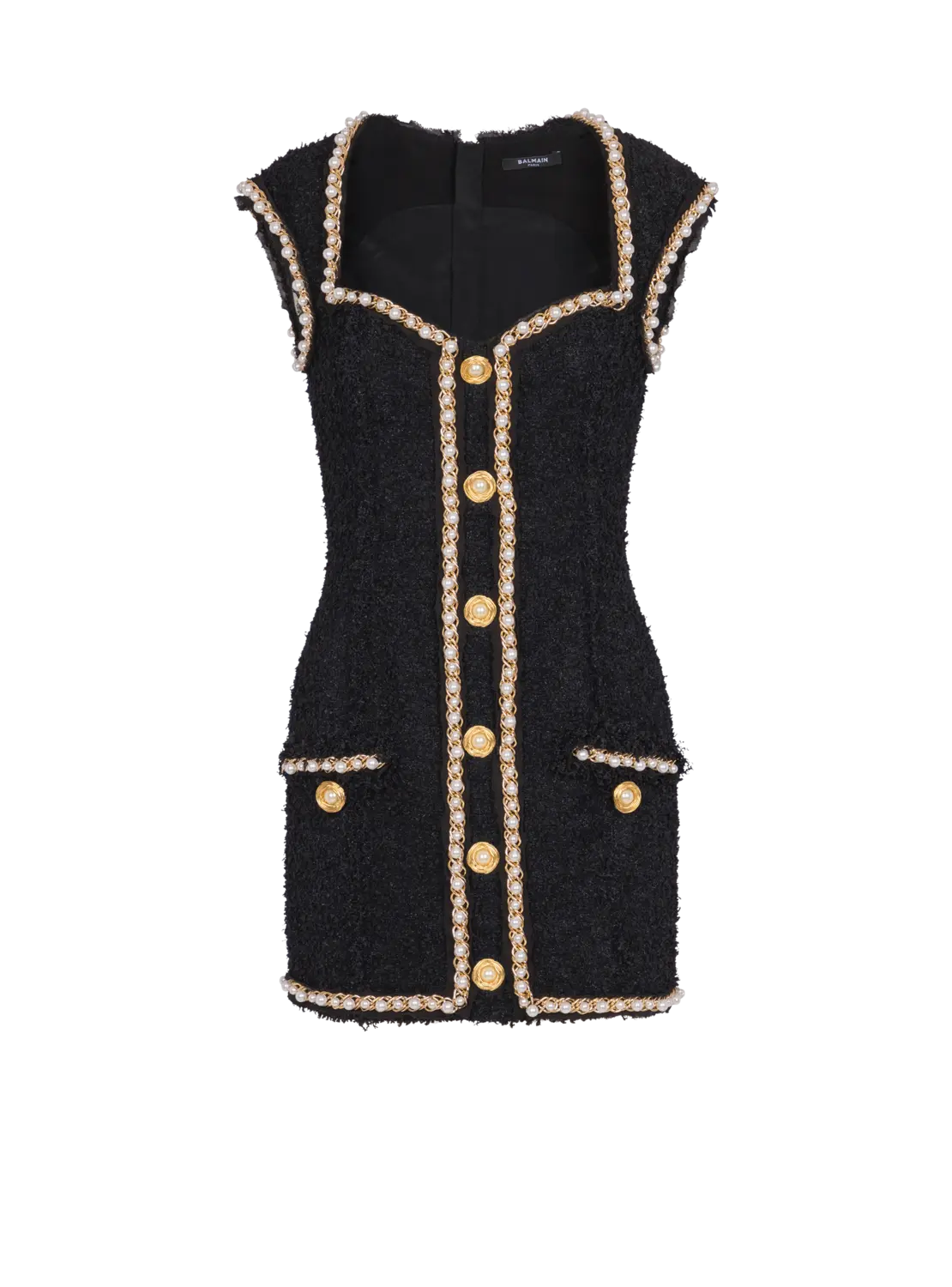 

Твидовое платье с отделкой жемчугом BALMAIN, черный