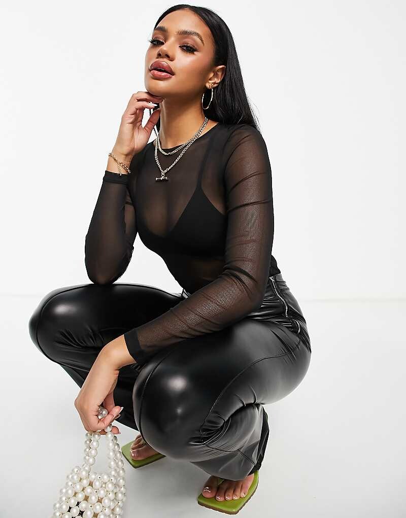 

Черное сетчатое боди с длинными рукавами ASOS DESIGN