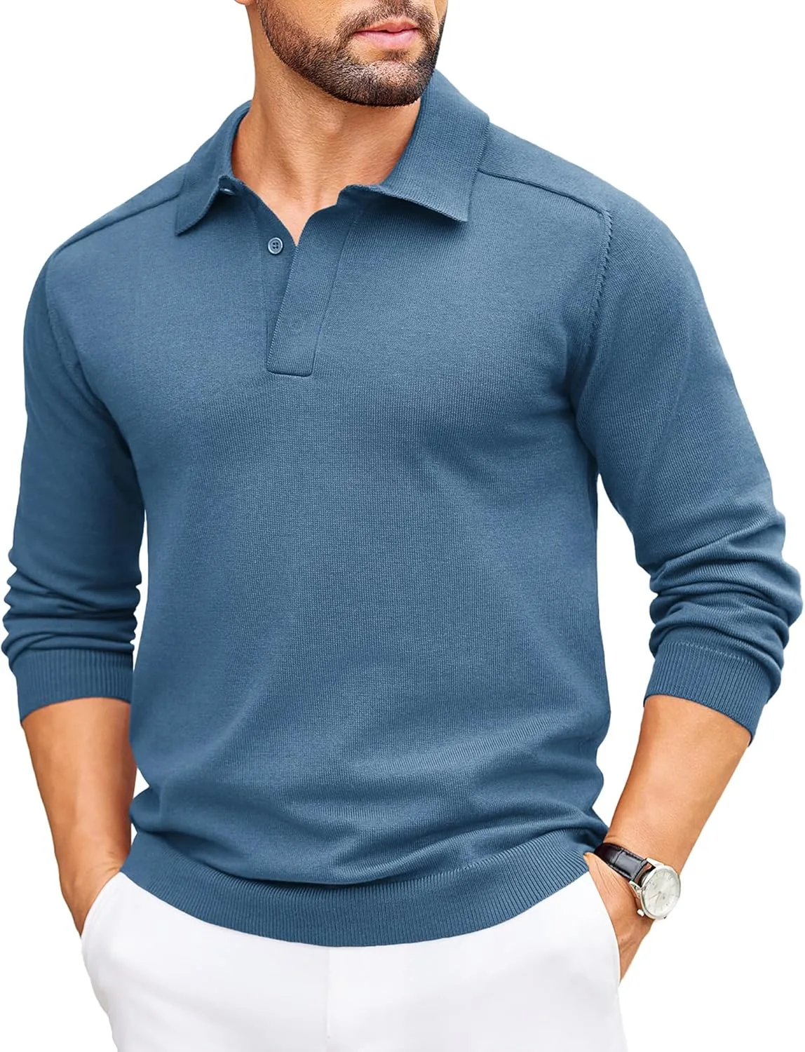 

COOFANDY мужской вязаный поло свитер с длинным рукавом и скрытой застежкой