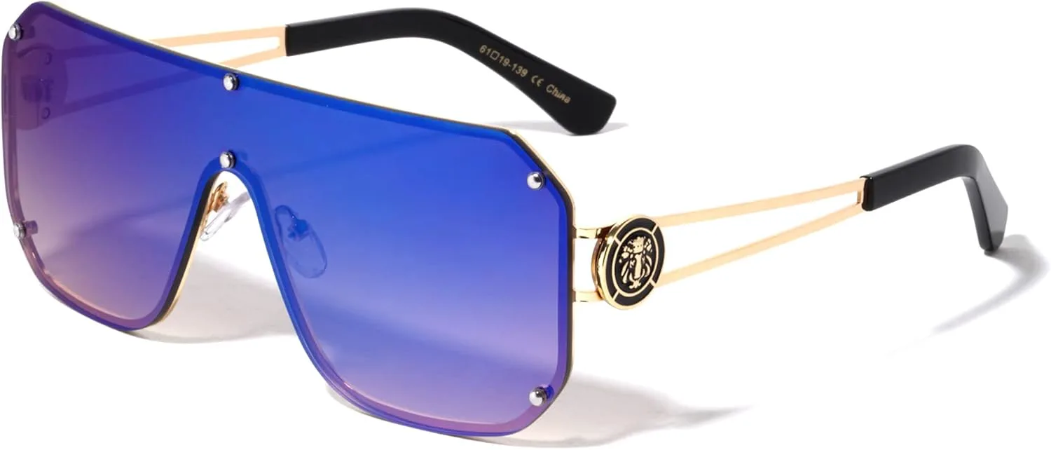 

Kleo Regent - Солнцезащитные очки в стиле хип-хоп с плоской оправой, украшенные заклепками, с медальоном в виде головы льва и боковыми панелями, Blue Gold