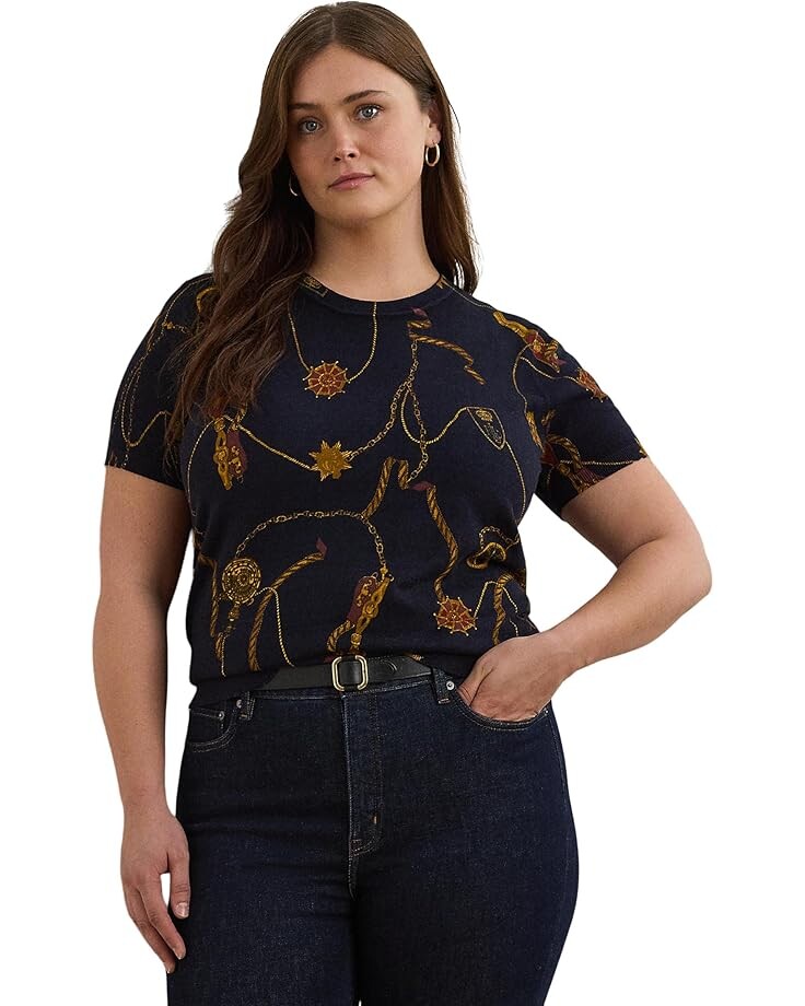 

Свитер Lauren Ralph Lauren Plus Size Print Cotton-Blend Short-Sleeve Sweater, цвет Navy Multi