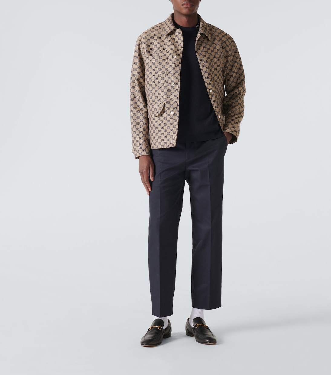 Шелковая и хлопковая футболка с логотипом Gucci, Navy/White — фото 2