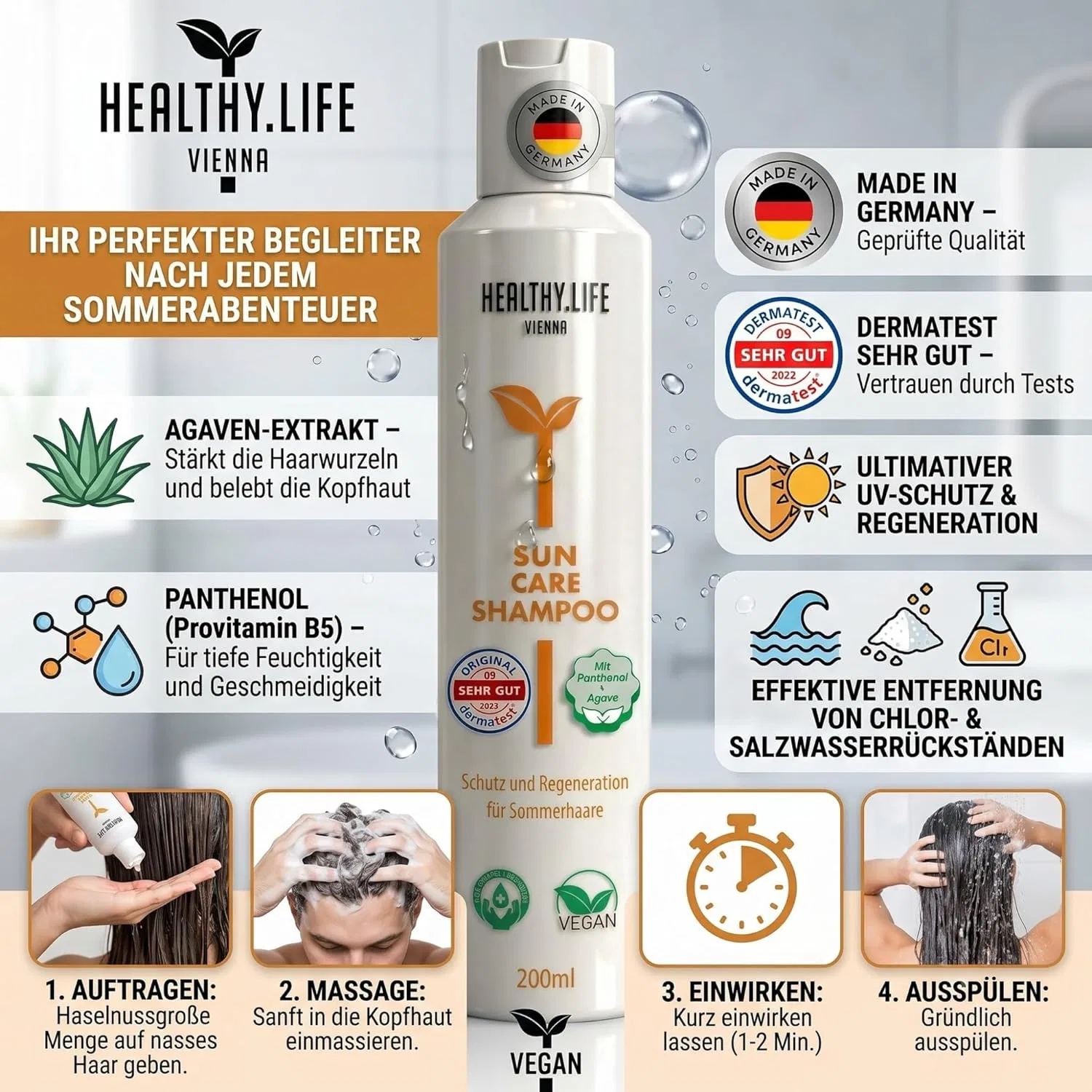 Веганский шампунь HLV Sun Care с пантенолом и агавой, 200 мл Healthy.Life Vienna — фото 4