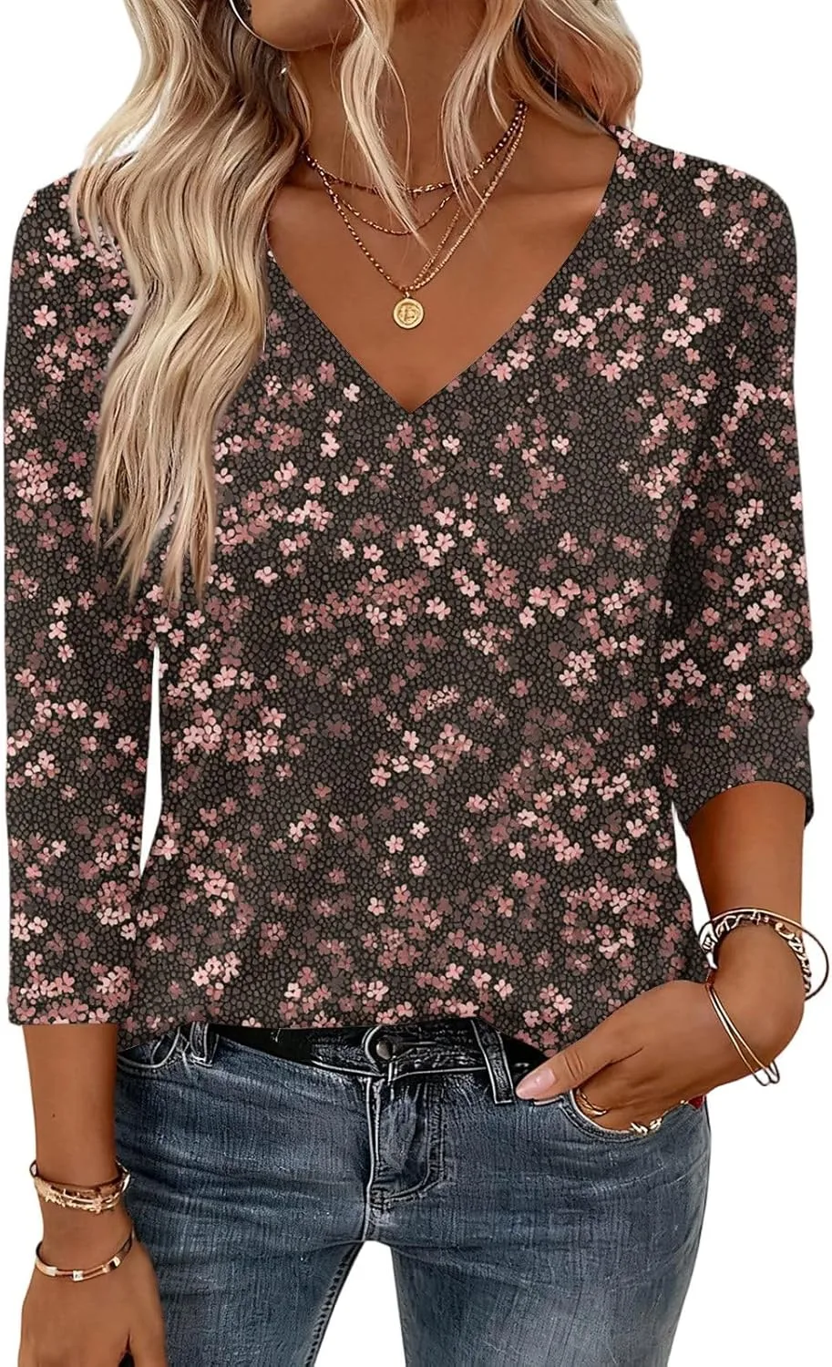 

Женская модная туника Casual Loose Fit с V-образным вырезом и рукавом 3/4