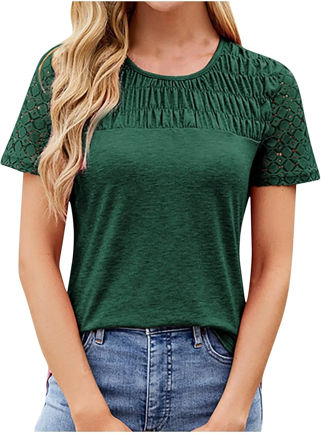 

Женский летний топ с коротким рукавом, кружево и плиссе bawilom