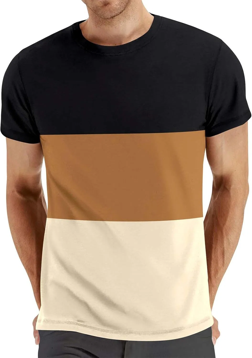 Футболка мужская с цветными блоками, хлопок, Beige#28-contrast Color