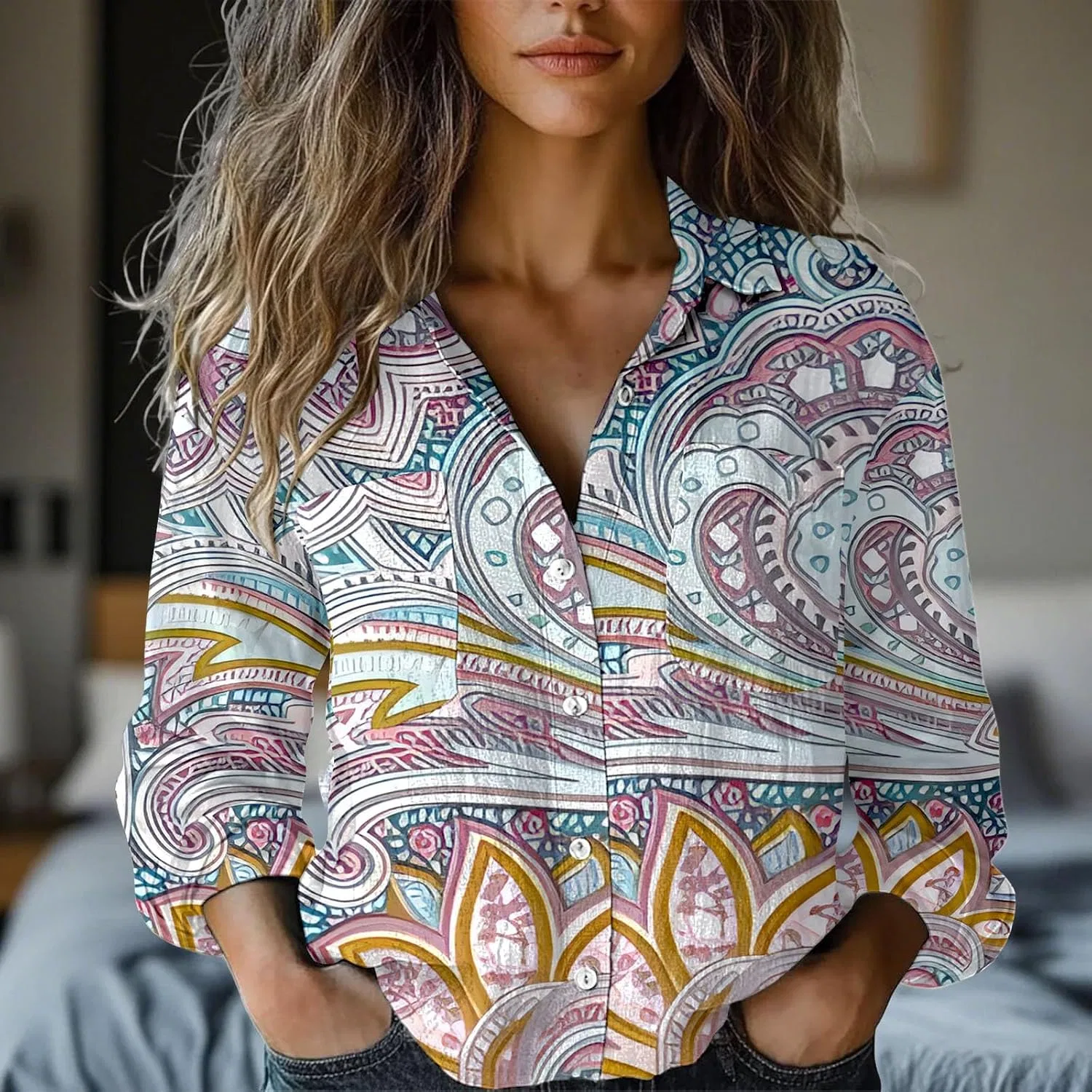 Блуза с принтом, длинный рукав, Women's Long Sleeve Printed Button Down Shirt, серый — фото 4