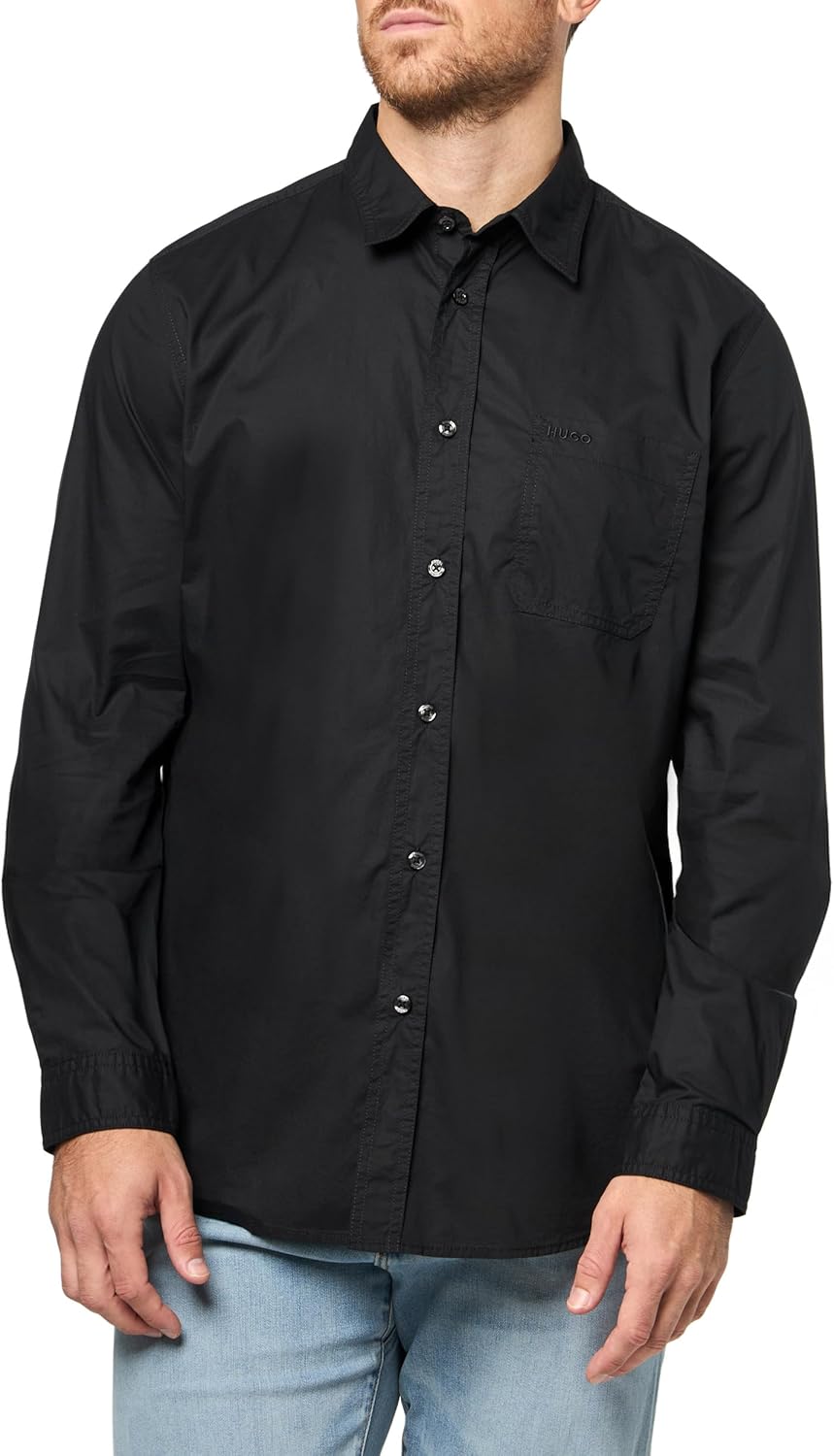 

HUGO Мужская рубашка из крашеного хлопка на пуговицах, Black Carbon