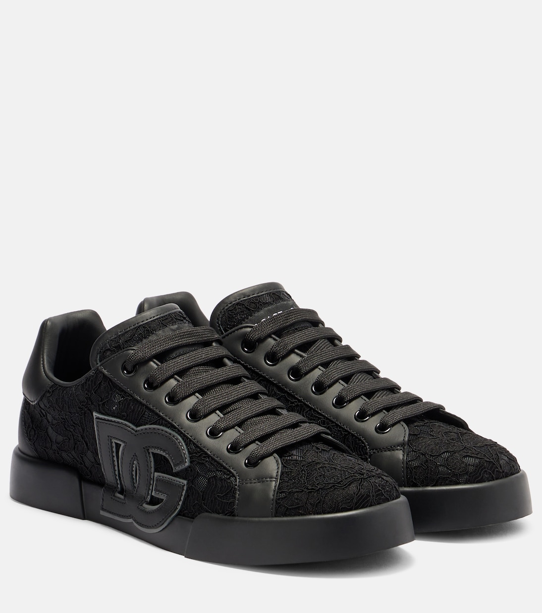 Портофино кожаные кроссовки с кружевной отделкой Dolce&Gabbana, Nero/Ferro