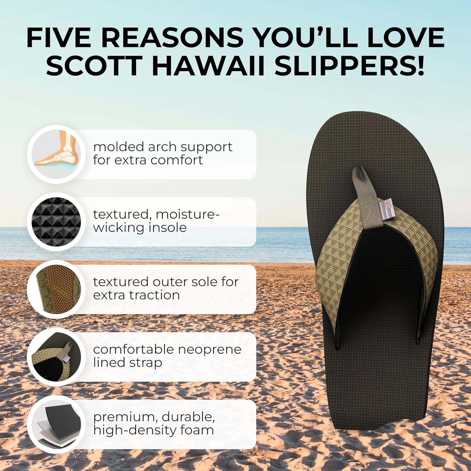 Мужские сандалии Scott Hawaii Manoa, Подошва для любых поверхностей, Литой свод с тыльной поддержкой, Лямка с неопрена для комфорта в течение всего дня, Походные вьетнамки, Brown Kaimana — фото 2