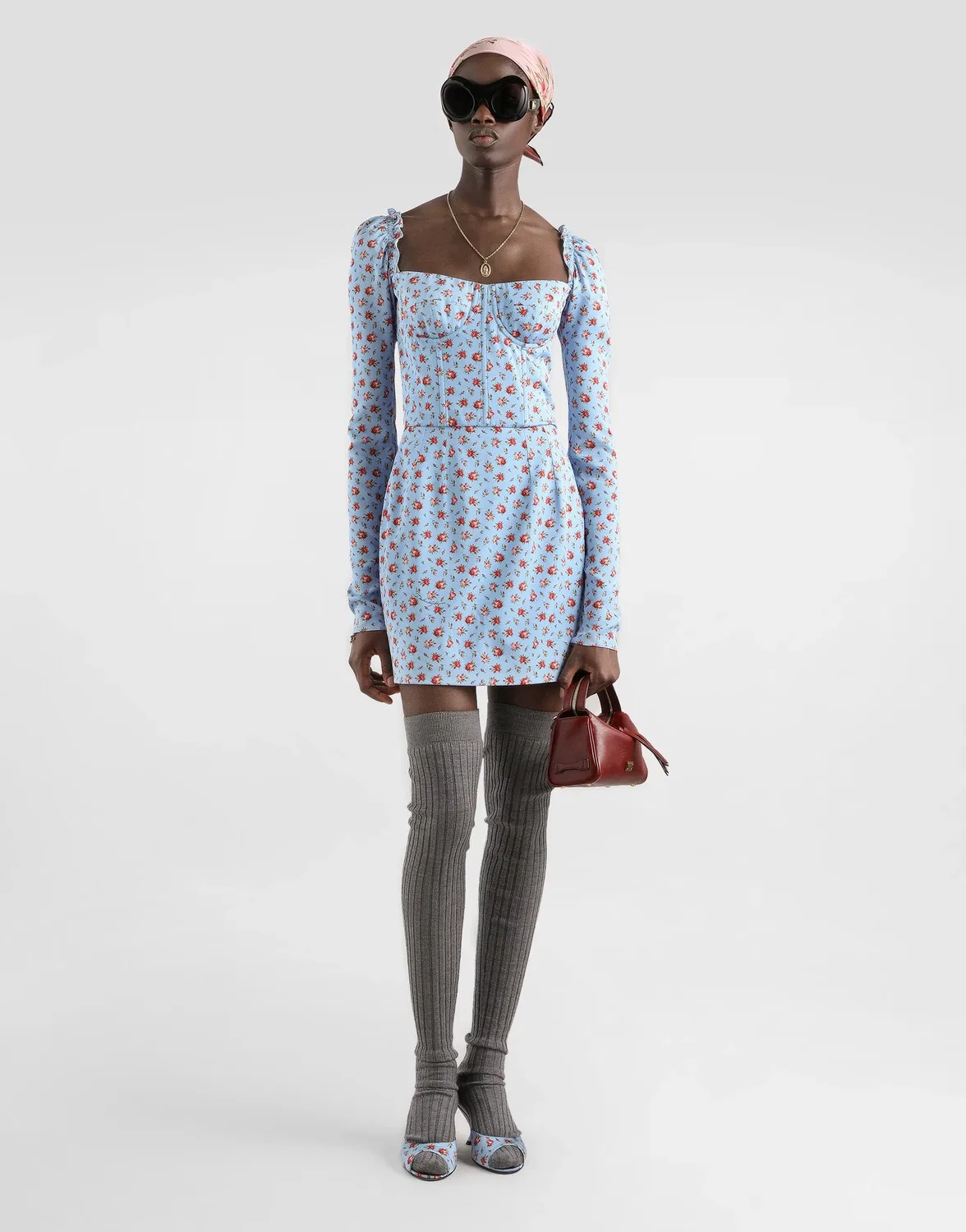 Короткое платье из шармеза с мелким розовым принтом DOLCE & GABBANA, мультицвет — фото 2
