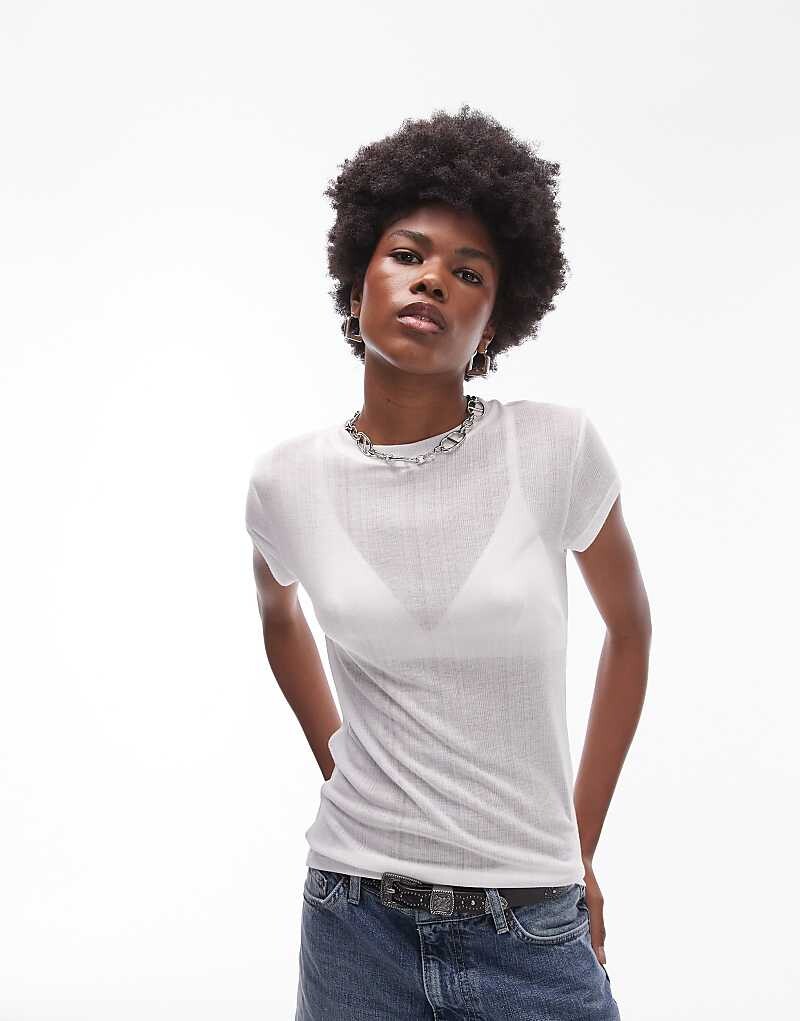 

Topshop – Premium – Прозрачная удлиненная футболка в рубчик белого цвета