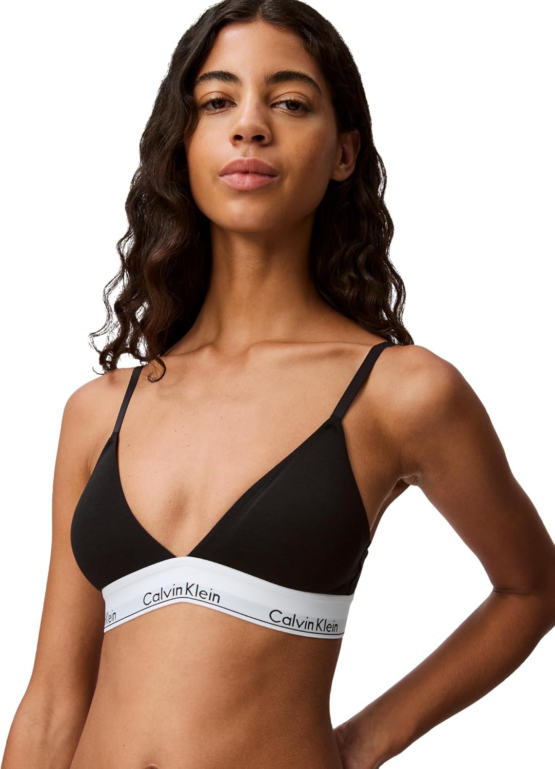 Женский современный хлопковый бюстгальтер-бралетт Calvin Klein с треугольными чашечками и легкой подкладкой, с бретельками без косточек, Black — фото 4