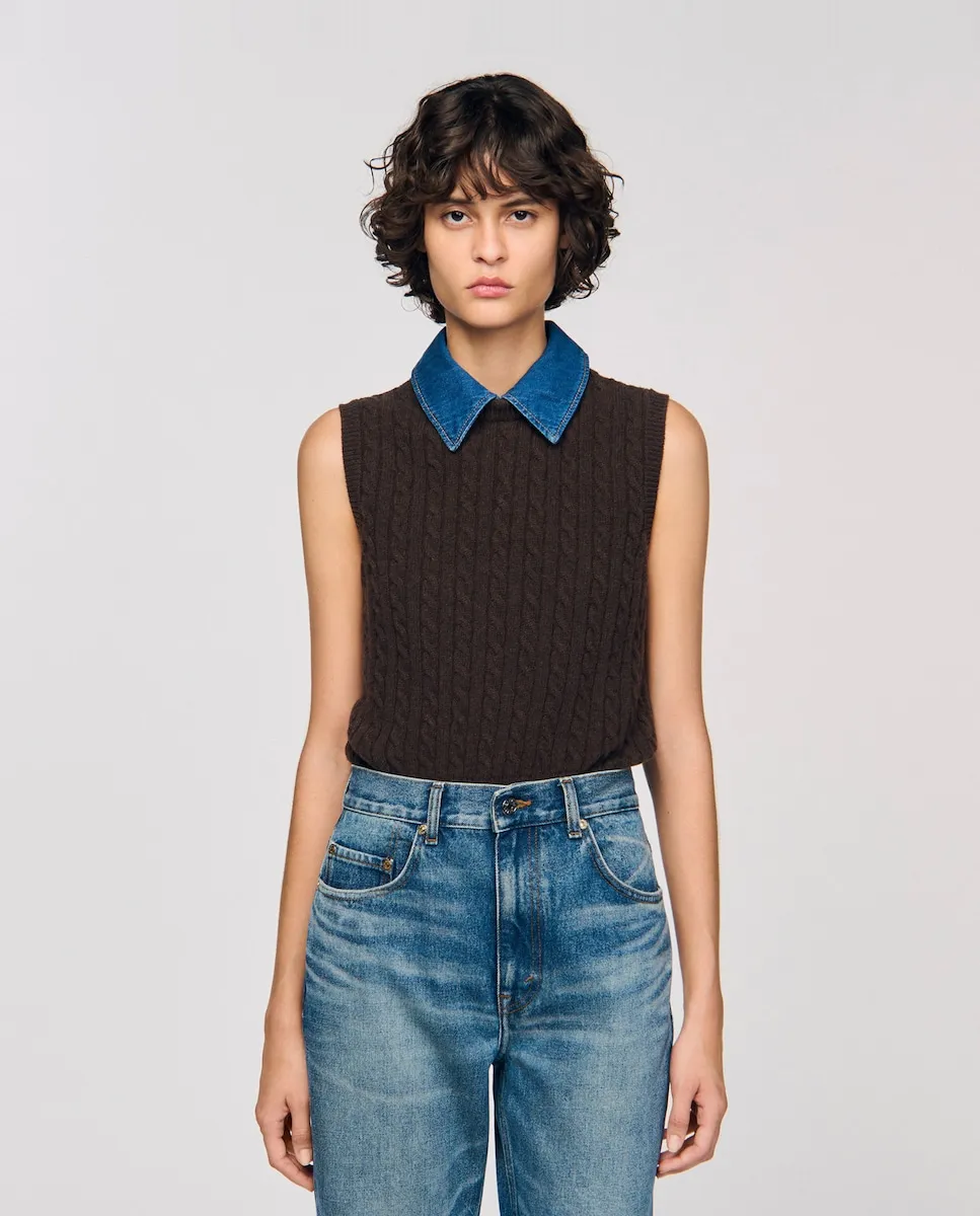 

Женский свитер из трикотажа и денима Sandro, коричневый