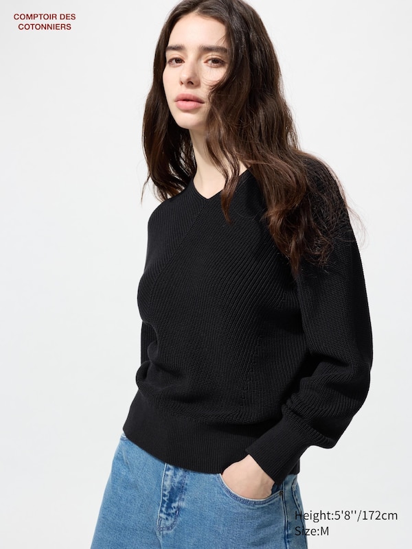 

Джемпер с V-образным вырезом из хлопка с газовым наполнителем Uniqlo, черный