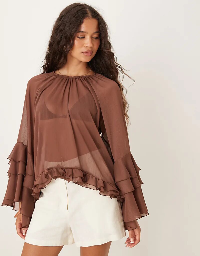 

Длинная шифоновая блузка с оборками ASOS DESIGN шоколадного цвета