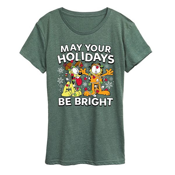 

Женская футболка с коротким рукавом Garfield с новогодним принтом May Your Holidays Be Bright Licensed Character, Heather Juniper