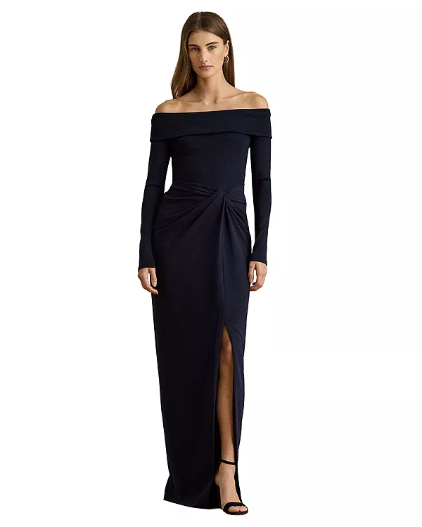 

Платье с открытыми плечами из трикотажа в рубчик и крепа Ralph Lauren, синий