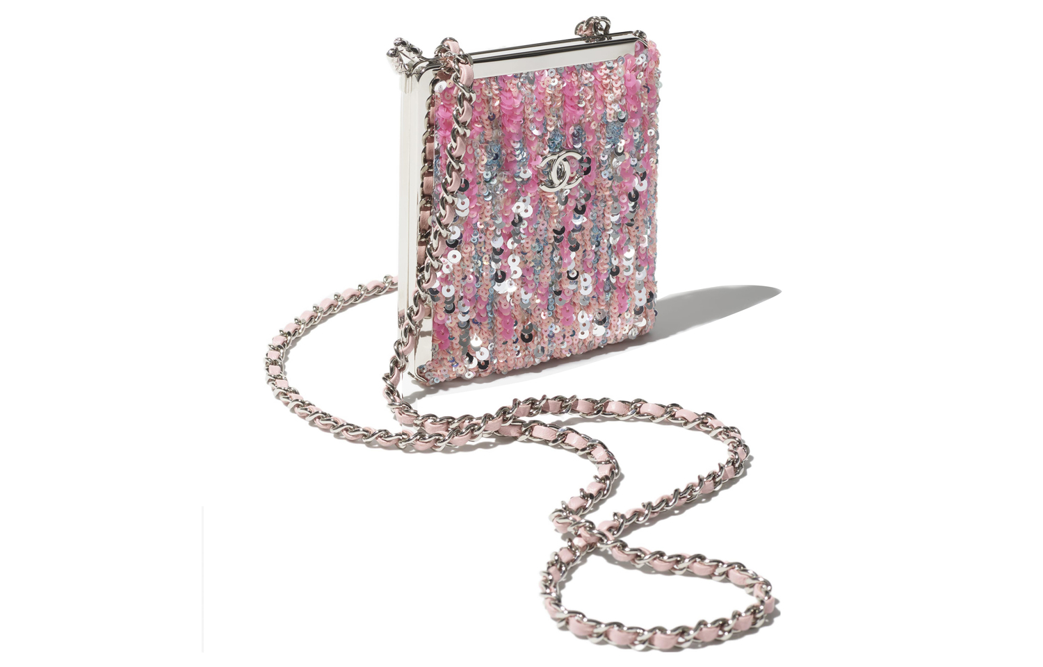 CHANEL Металлическая наплечная сумка через плечо женская розовая и серебристая — фото 3