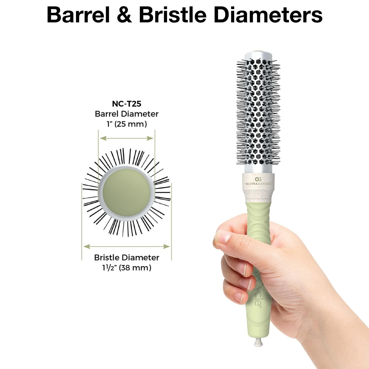 Термощетка для волос Olivia Garden NewCycle Round Thermal Hair Brush (не электрическая) с керамическим корпусом, ионной технологией и изготовлена ​​из 100% переработанного материала (кроме щетины). 3,8 см (термо-круглая) — фото 2