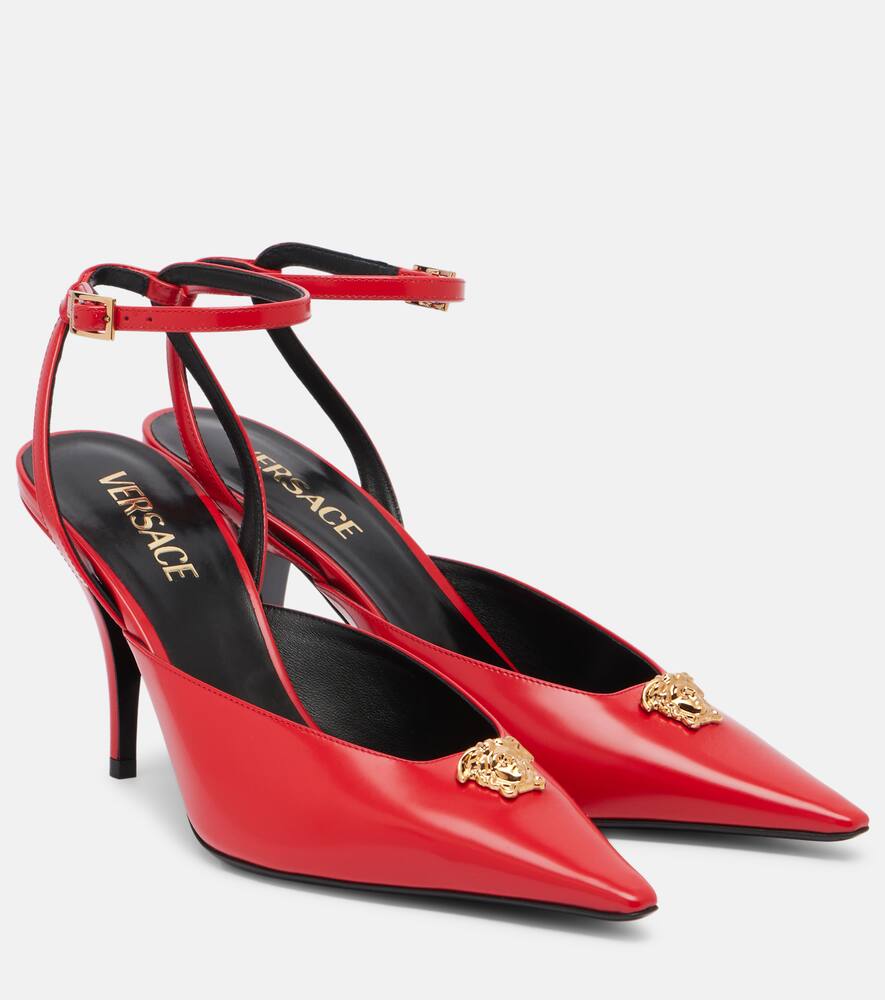 Кожаные лодочки на шпильке с ремешком Medusa 85 красно-золотые Versace, Red-Versace Gold