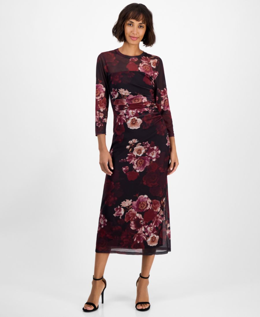 

Женское миди-платье с принтом, тройной сеткой и боковыми сборками Anne Klein, Midnight Chianti Multi