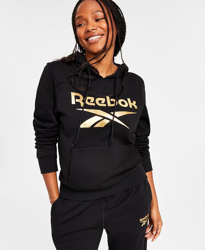 

Женский пуловер с капюшоном из металлизированной фольги и логотипом Reebok, черный