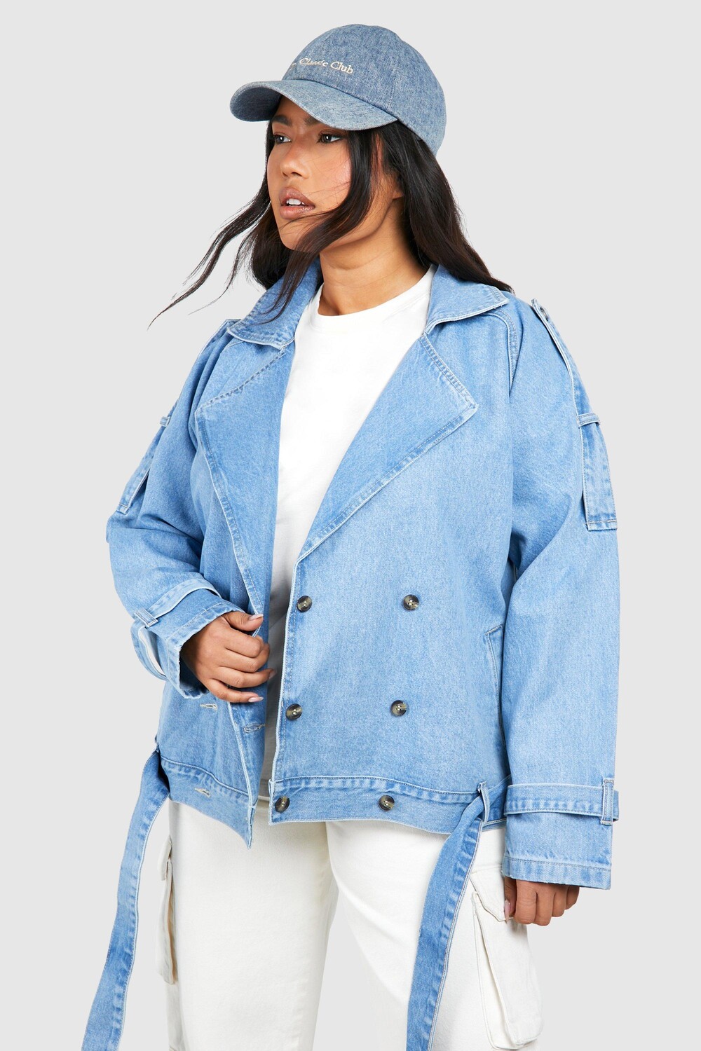 

Джинсовая байкерская куртка большого размера Plus boohoo, синий